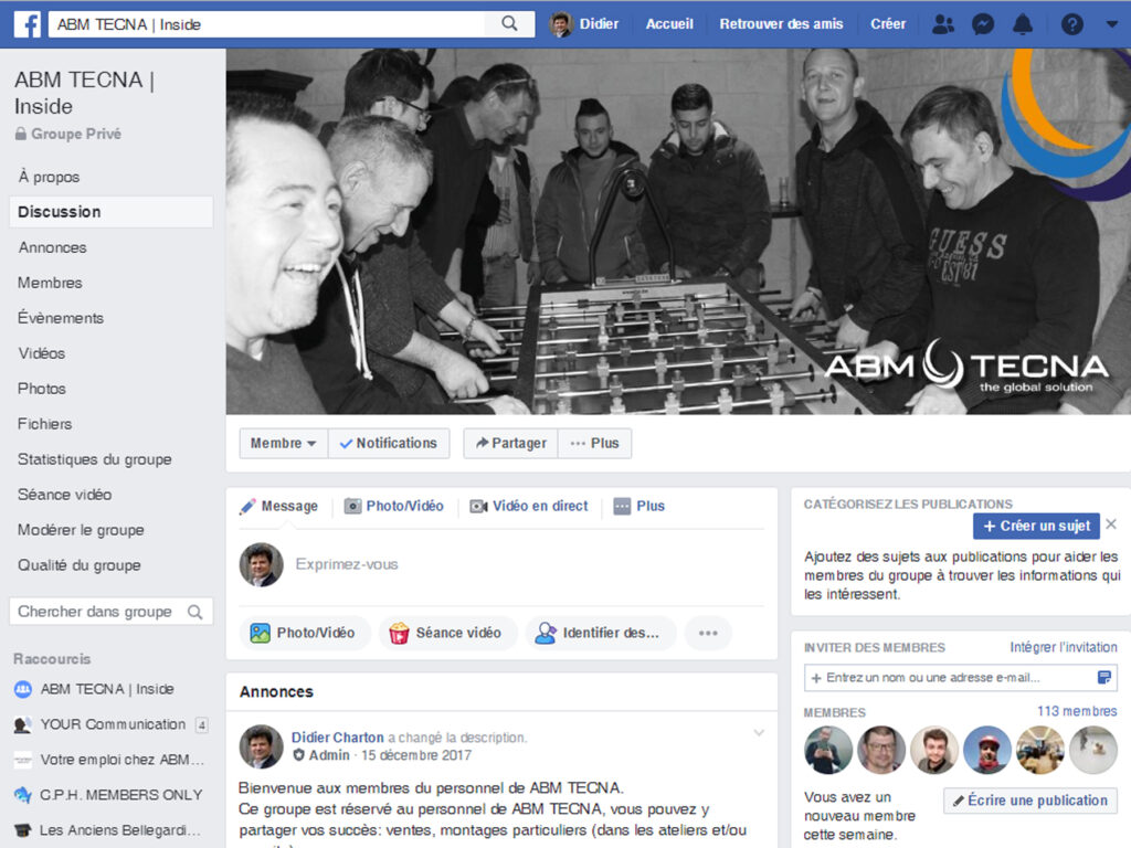 Private Facebook group for ABM TECNA internal communication
